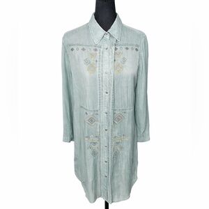 Ryan Michael Women's Embroidered Snap‎ Button Down Shirt Sheer Cupro- Large